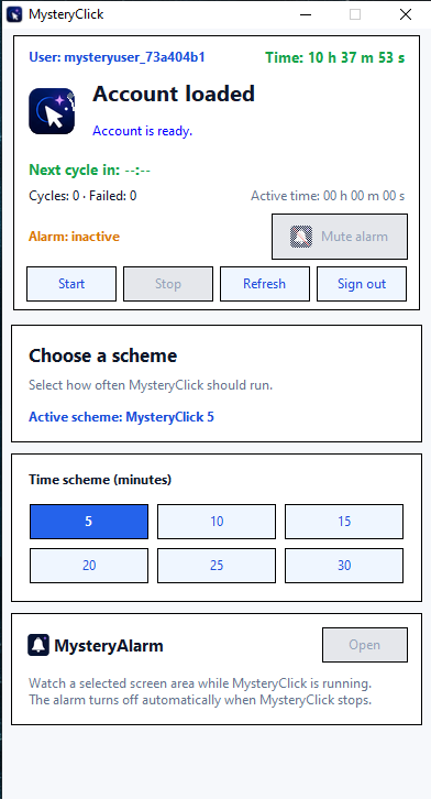 MysteryClick account and session controls
