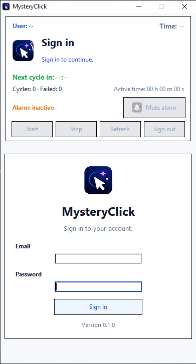 MysteryClick desktop sign-in screen